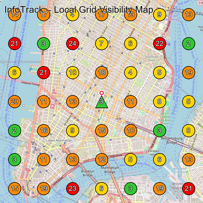 InfoTrack Legal Services GeoGrid ranking map for New York NY